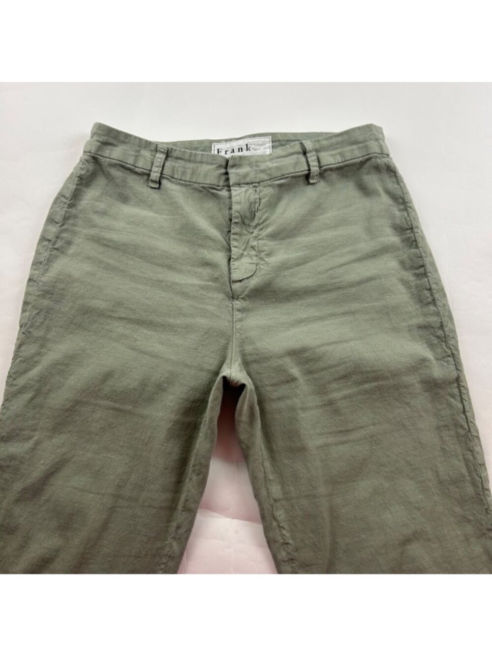 Frank & Eileen Sage Green Flax Blend Kinsale Straight Leg Raw Hem Ankle Pant 10 - Picture 2 of 7